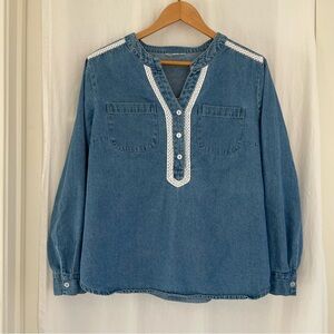 Blue Denim Blouse with Lace Trim